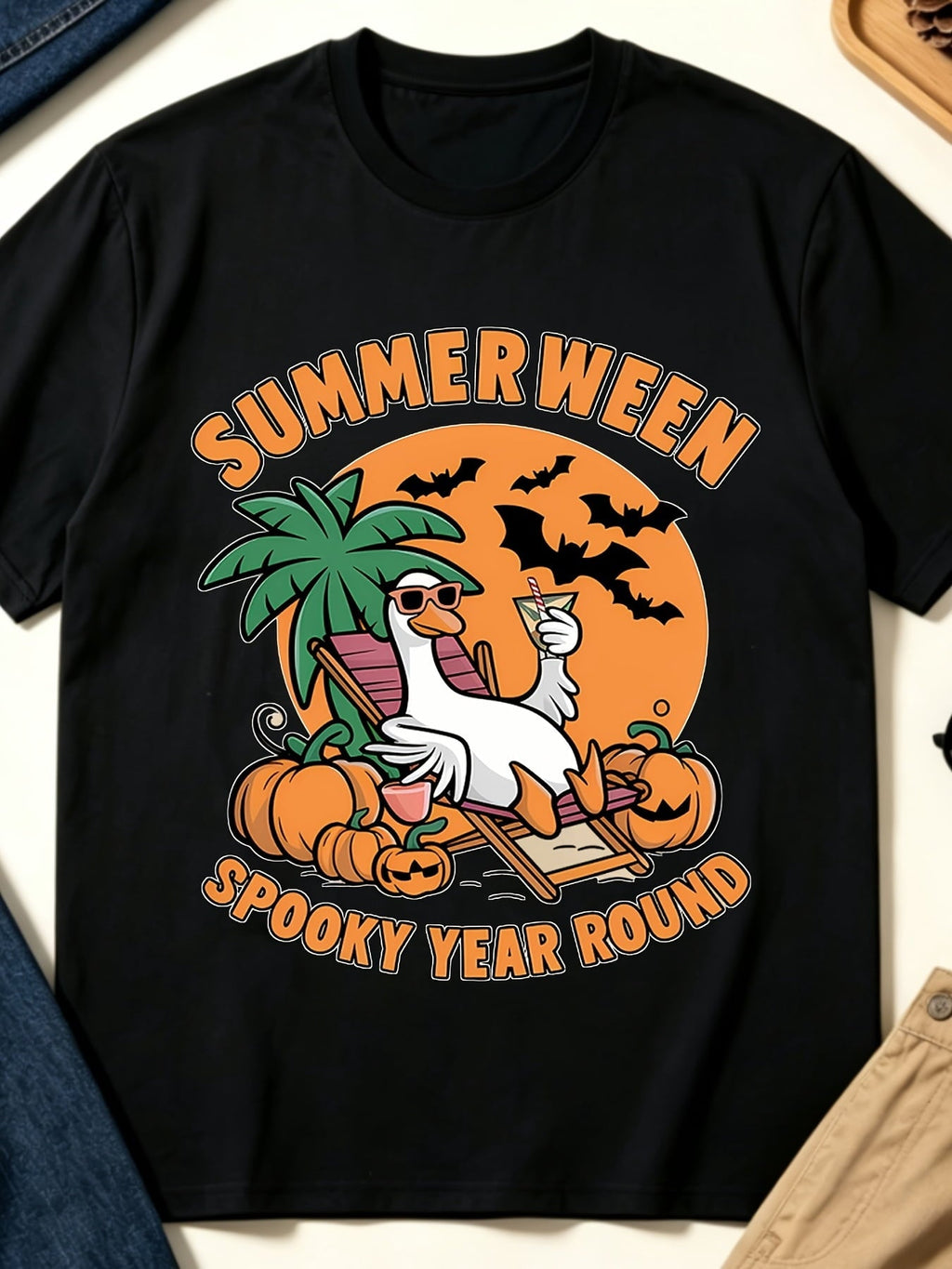 Funny Cartoon Summerween Duck Unisex T-Shirt, All Season Pumpkin Bat Graphic Top, Casual Daily Apparel For Summer Halloween Fans