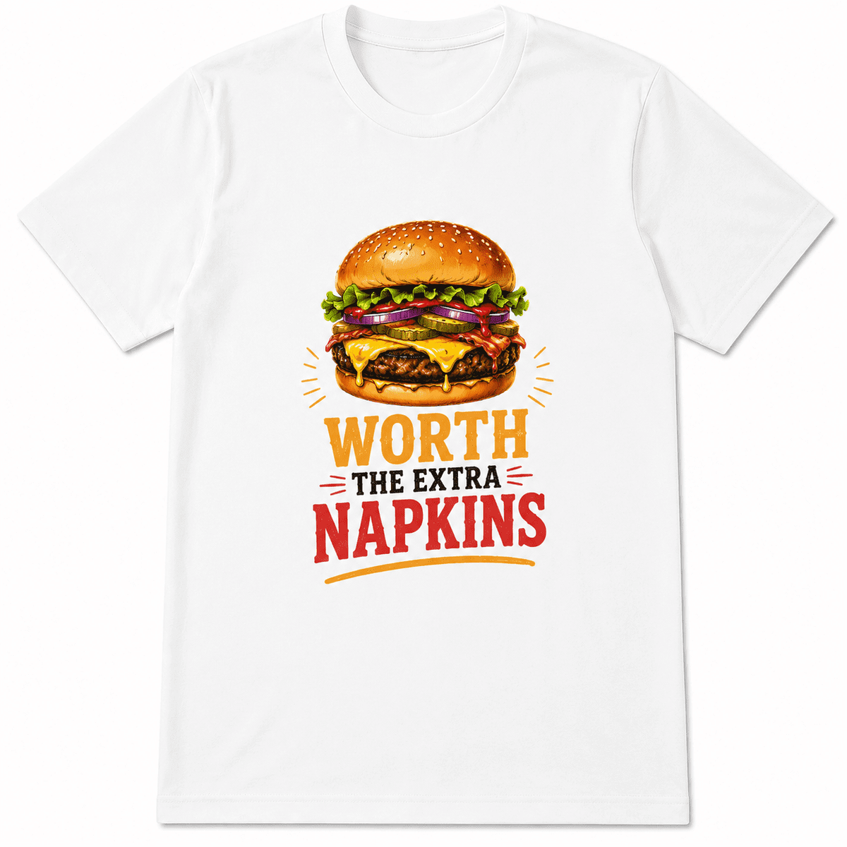 Funny Cheeseburger Graphic T-Shirt for Men and Women, Worth the Extra Napkins Vintage Burger Print Tee, Retro Fast Food Lover Casual Short Sleeve Shirt for BBQ, Cookout and Everyday Wear