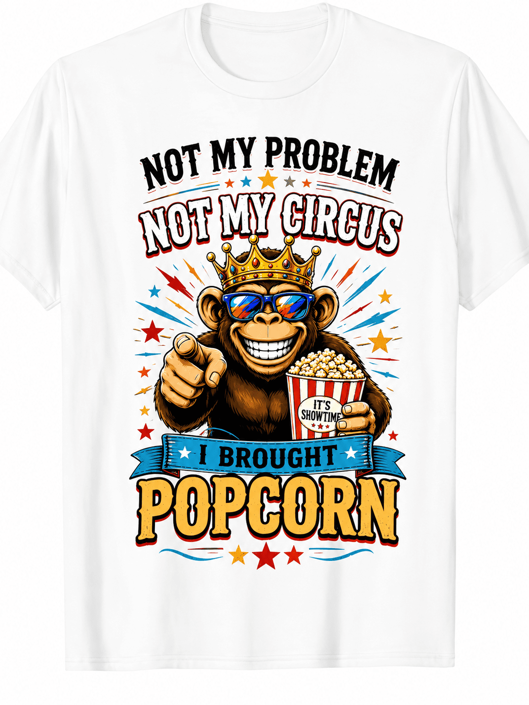 Funny Monkey Graphic T-Shirt for Men and Women, Not My Circus Not My Crew I Brought Popcorn Humor Tee, Vintage Retro Monkey Shirt, Sarcastic Graphic Tee, Casual Novelty Gift for Friends Coworkers