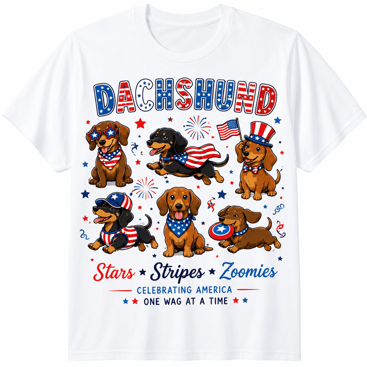 Funny Patriotic Dachshund T-Shirt for Women Men, Cute Wiener Dog 4th of July Graphic Tee, Stars Stripes Zoomies USA Independence Day Shirt, Red White Blue Dog Lover Gift
