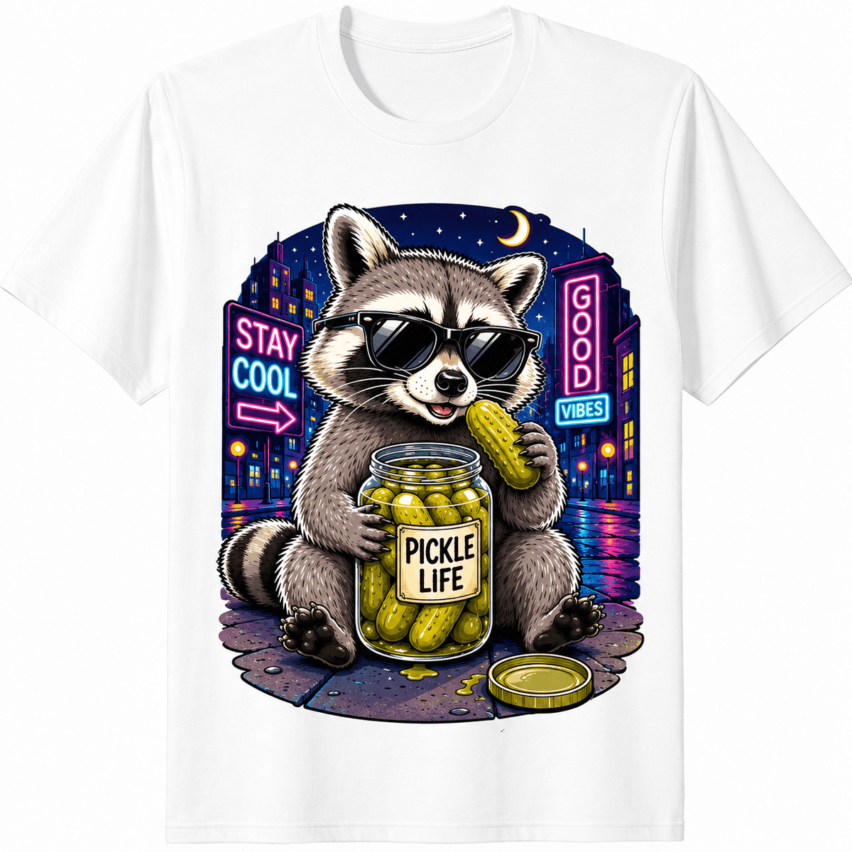 Funny Raccoon Pickle Shirt for Adults Vintage Cool Sunglasses Raccoon Graphic Tee Cute Trash Panda Lover T Shirt Humorous Animal Meme Tee Unisex Casual Short Sleeve Gift for Men Women