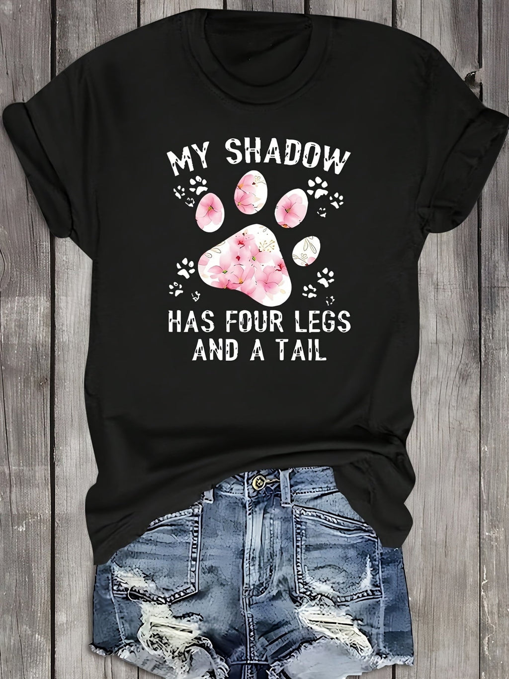 Funny My Shadow Has Four Legs and A Tail Pet Lover Graphic Tee, Women's Summer Casual Short Sleeve T-Shirt, Cute Dog Cat Paw Print Round Neck Top for Daily Wear