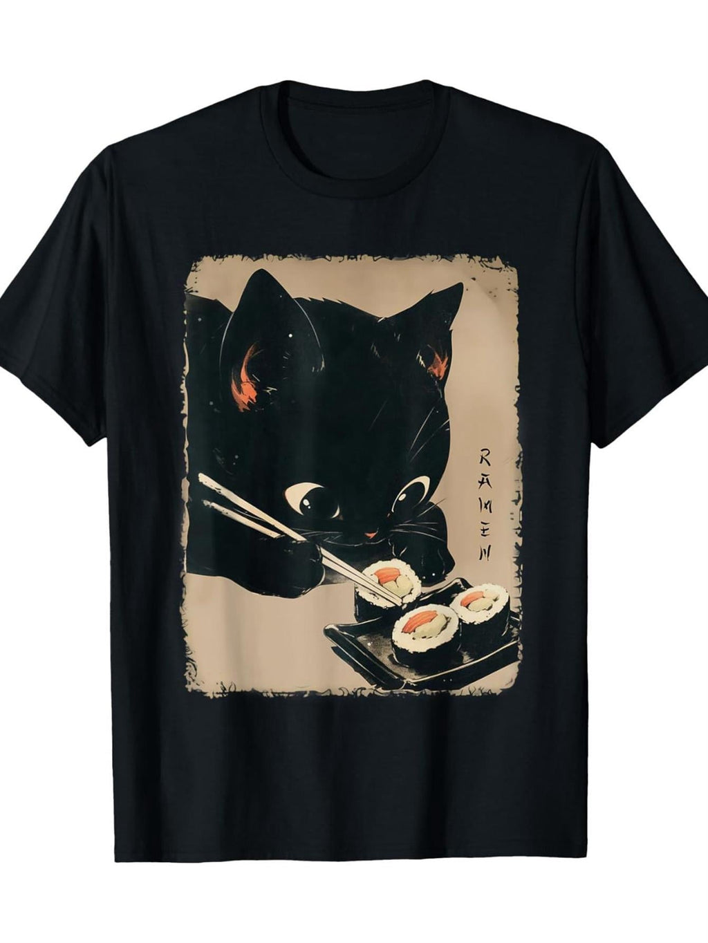 Kawaii Japanese Anime Cat Eating Sushi Graphic Tee for Men Women, Cute Neko Kitty Short Sleeve T-Shirt, Casual Crew Neck Top for Cat Lover Gift
