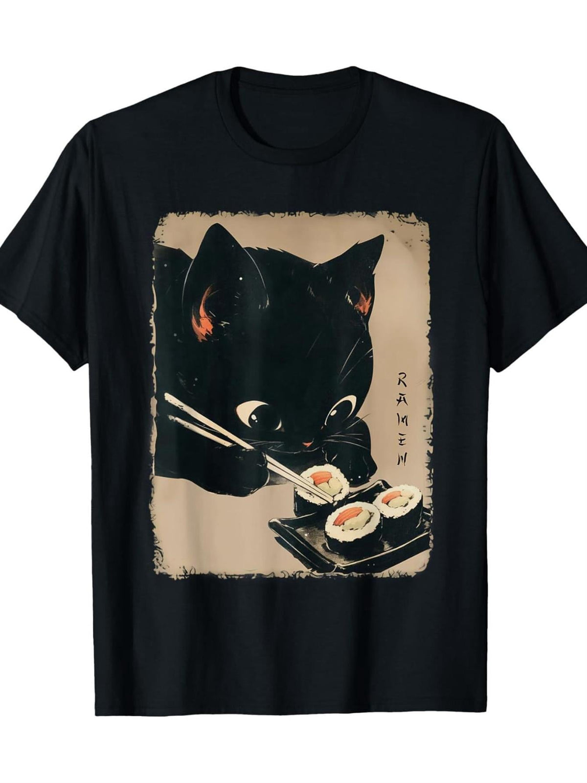 Kawaii Japanese Anime Cat Eating Sushi Graphic Tee for Men Women, Cute Neko Kitty Short Sleeve T-Shirt, Casual Crew Neck Top for Cat Lover Gift