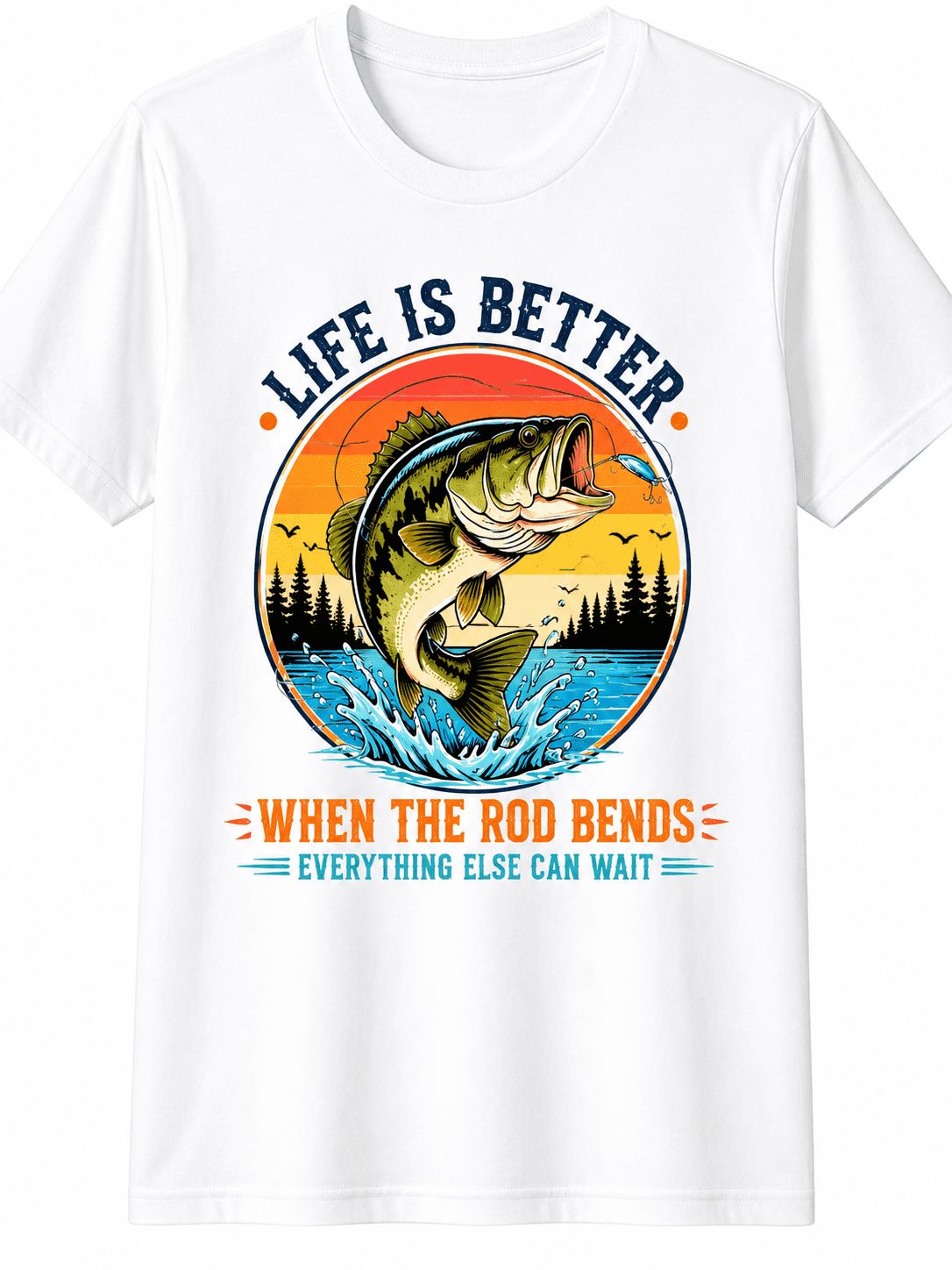 Life Is Better When The Rod Bends Bass Fishing T-Shirt Vintage Sunset Largemouth Bass Graphic Tee for Men Women Funny Fisherman Angler Shirt Outdoor Lake Fishing Gift for Dad Husband Grandpa