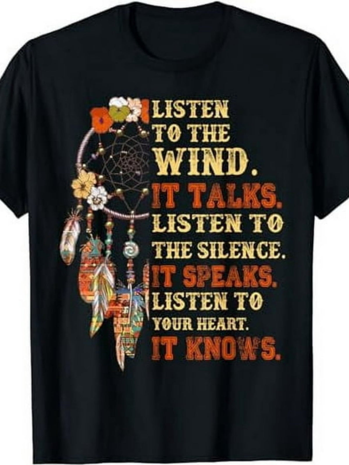 Listen To The Wind It Talks Inspirational Wisdom Graphic Tee for Men Women, Nature Quote Short Sleeve T-Shirt, Casual Crew Neck Top for Mindfulness Gift