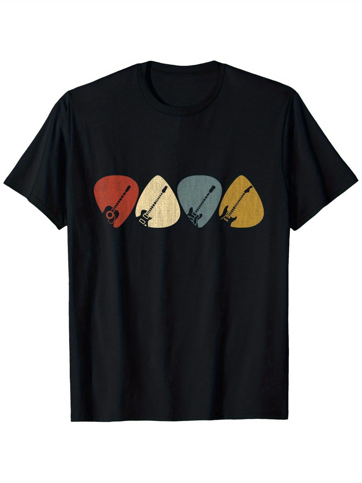Men Women Vintage Guitar Pick Short Sleeve T-Shirt, Retro Rock Guitar Silhouette Cotton Crewneck Tee, Casual Daily Wear Gift for Guitarists Music Lovers Band Fans