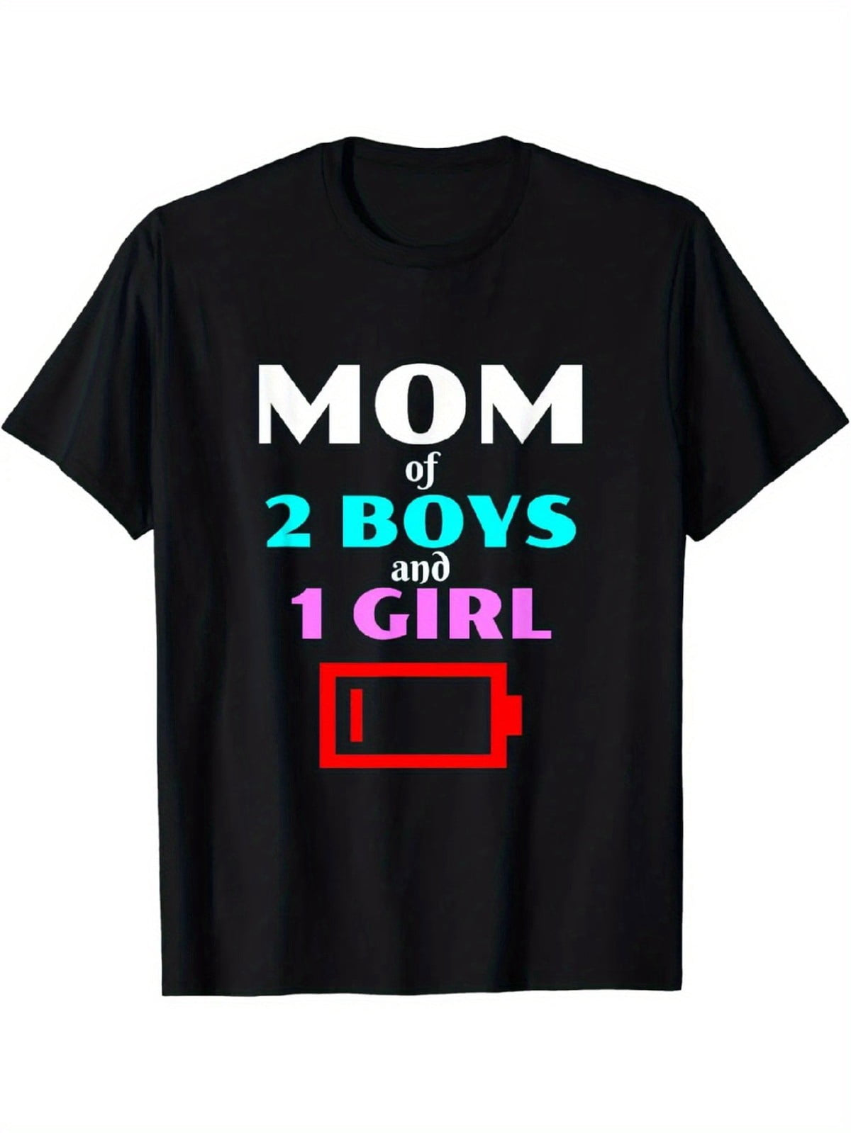 Mom of 2 Boys and 1 Girl Low Battery Graphic T-Shirt, Unisex Premium Soft Cotton Crew Neck Tee, All Season Funny Mom Life Tee, Ideal Mother’s Day Gift For Busy Moms