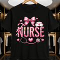 Nurse Graphic T-Shirt for Women, Pink Bow and Stethoscope Heart Design with Nurse Cap, Cute Medical Worker Short Sleeve Tee, Coquette Style Nursing Shirt for Everyday Wear