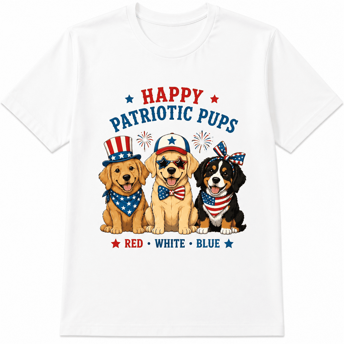 Patriotic Dog Graphic T-Shirt, Cute Puppy Red White Blue Print Tee, American Summer Casual Short Sleeve Shirt for Men and Women