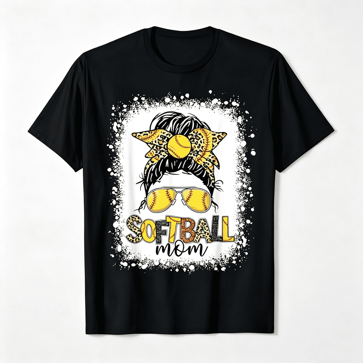 Softball Mom Happy Mother's Day Messy Bun Graphic Tee for Women, Cute Mom Life Bleached Vintage Short Sleeve T-Shirt, Casual Crew Neck Top for Mom Birthday Gift