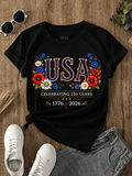 USA 250 Years Floral T-Shirt for Women, Patriotic 1776-2026 Graphic Tee, Celebrating 250 Years Independence Day Shirt, Red White Blue Flower Fourth of July Top