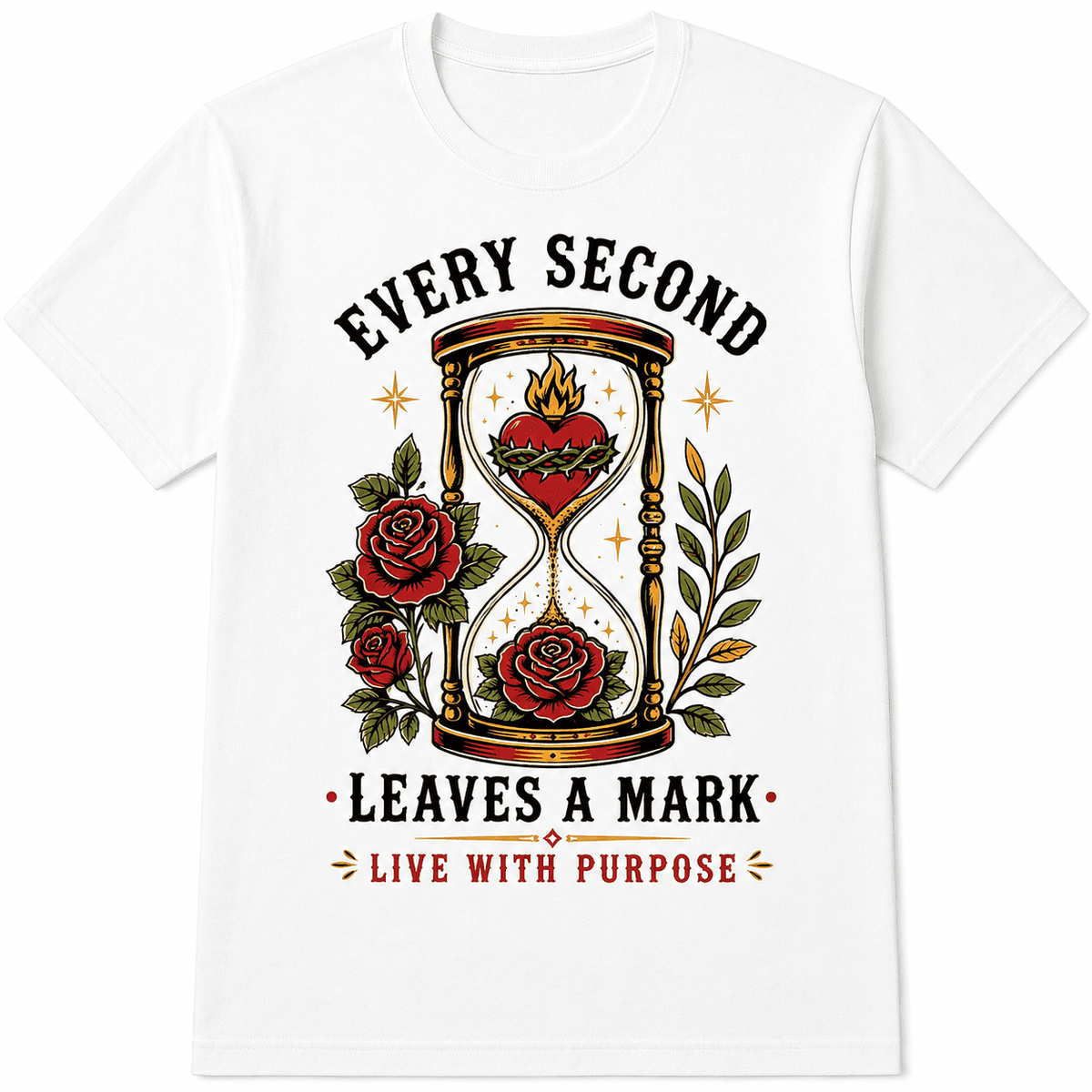 Vintage Hourglass Graphic T-Shirt for Men Women, Every Second Leaves A Mark Tee, Live With Purpose Gothic Tattoo Style Shirt, Retro Rose Graphic Casual Short Sleeve Top