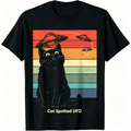 Vintage Rainbow Striped UFO Space Cat Graphic T-Shirt, Funny Surprised Black Kitten Casual Short Sleeve Cotton Tee for Cat & UFO Lovers