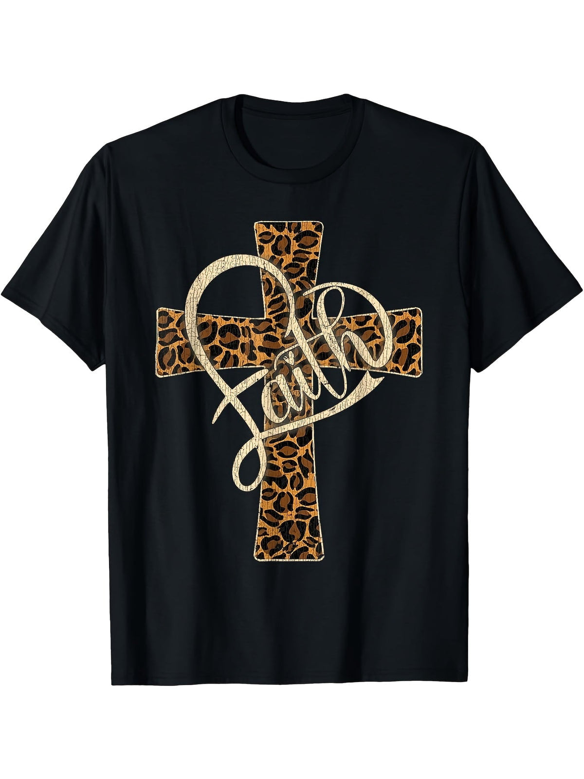 Western Leopard Faith Cross Unisex T-Shirt, All Season Religious Graphic Top, Casual Daily Apparel For Faith Followers And Leopard Pattern Fans