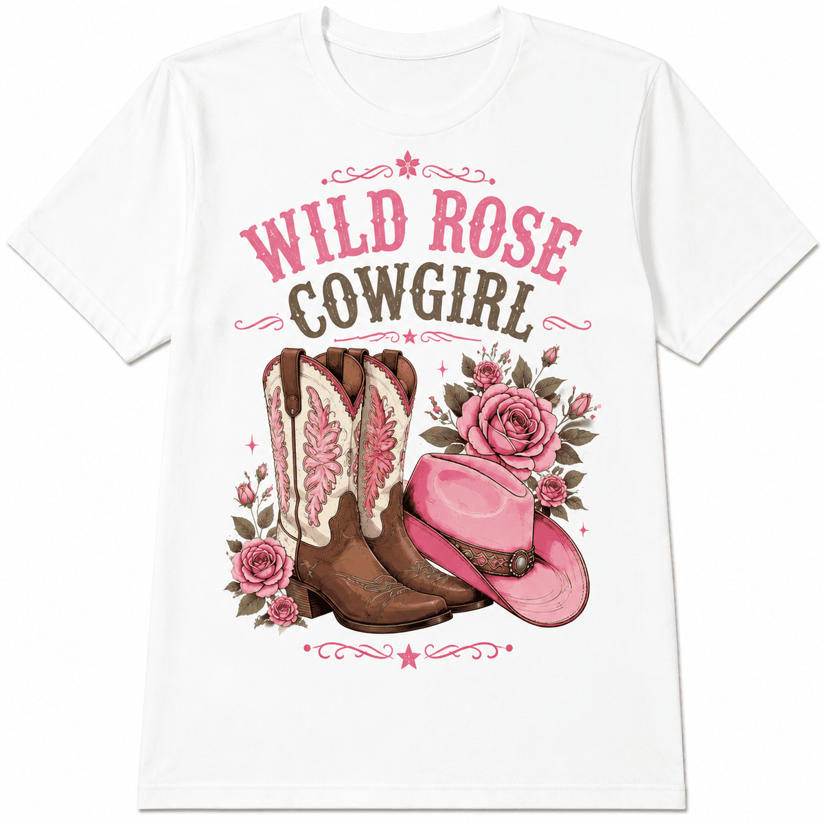 Wild Rose Cowgirl Graphic T-Shirt for Women, Western Cowboy Boots and Pink Hat Floral Print, Country Style Casual Short Sleeve Tee, Vintage Western Outfit for Rodeo, Ranch and Everyday Wear