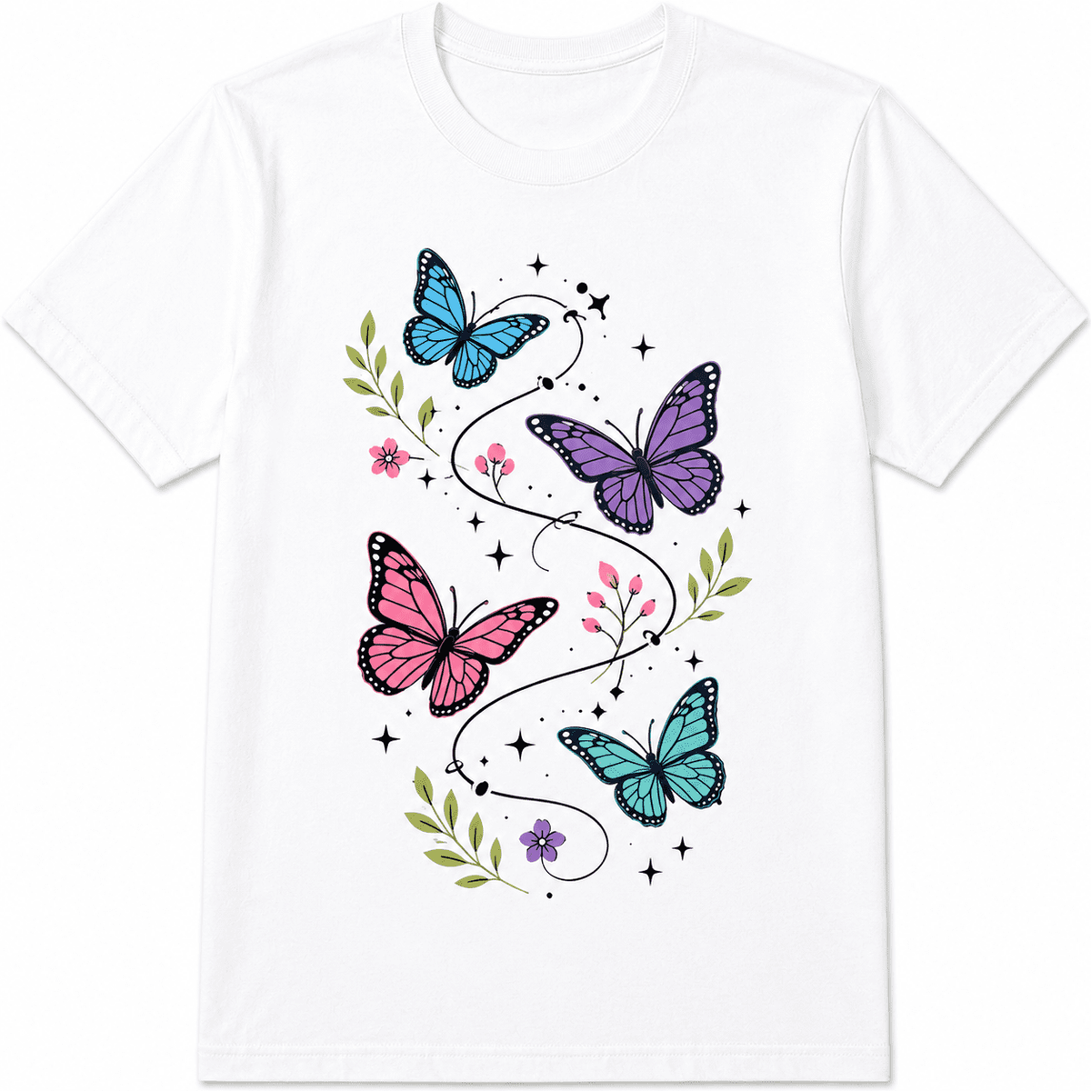 Women's Butterfly Graphic T-Shirt, Floral Botanical Nature Print Tee, Casual Short Sleeve Summer Shirt, Colorful Butterfly Top