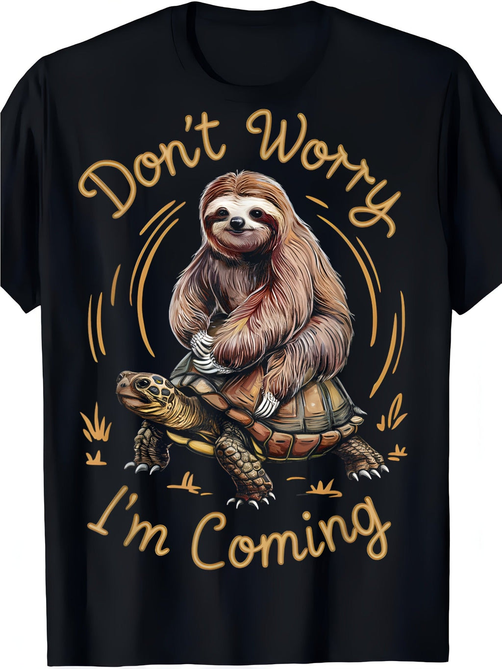 Don't Worry I'm Coming Sloth Riding Turtle Graphic T-Shirt, Unisex Cotton Crew Neck Short Sleeve Tee, Funny Slow Animal Casual Novelty Shirt, Gift For Sloth And Turtle Lovers