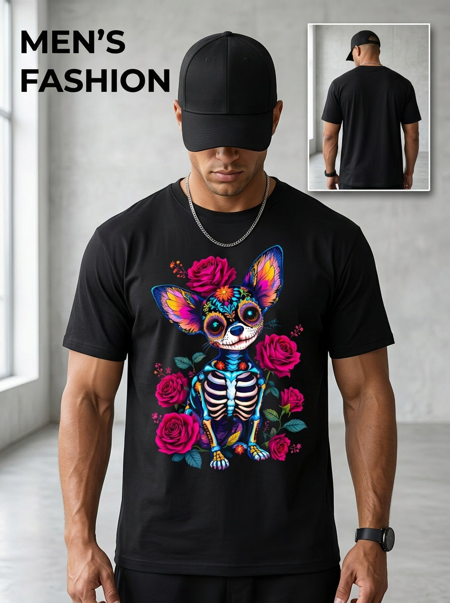 Mexican Sugar Skull Chihuahua Dia De Los Muertos Halloween Graphic Tee for Men Women, Cute Day Of The Dead Dog Short Sleeve T-Shirt, Casual Crew Neck Top for Chihuahua Lover Gift