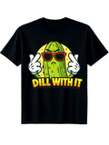 Dill With It Funny Pickle Graphic Tee for Men Women, Cute Cartoon Cucumber Short Sleeve T-Shirt, Casual Humor Crew Neck Top for Food Lover Summer Gift