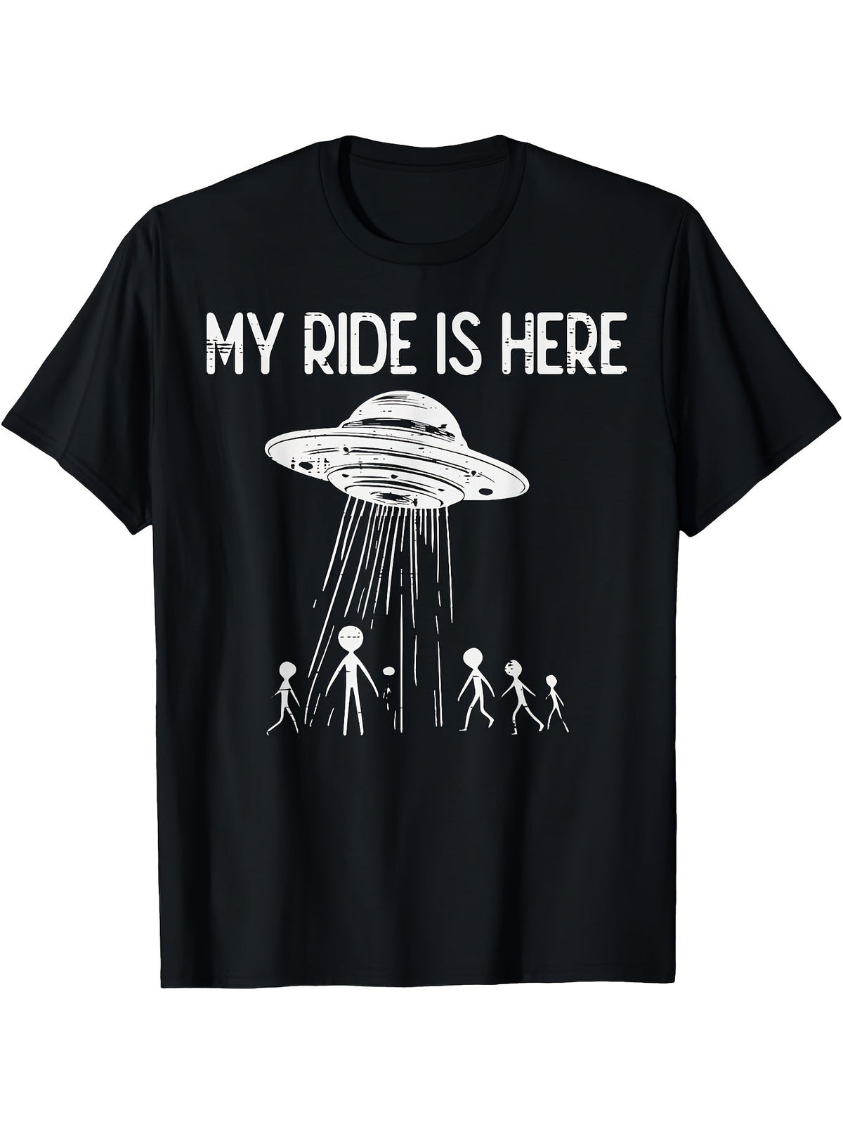 My Ride Is Here UFO Alien Graphic Tee for Men Women, Vintage Flying Saucer Short Sleeve T-Shirt, Retro Sci-Fi Casual Crew Neck Top for Alien Lover Gift