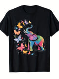 Colorful Rainbow Elephant With Butterflies Graphic T-Shirt, Unisex Cotton Crew Neck Short Sleeve Tee, Cute Wild Animal Casual Novelty Shirt, Gift For Elephant Lovers