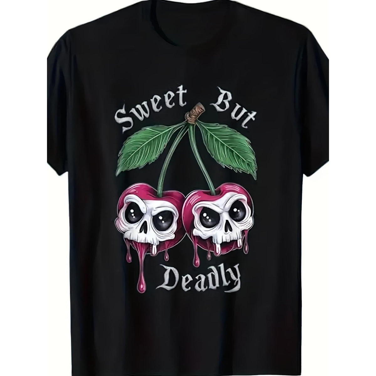 Sweet But Deadly Gothic Cherry Skull Graphic Tee for Men Women, Dark Cute Halloween Short Sleeve T-Shirt, Casual Crew Neck Top for Alternative Gift