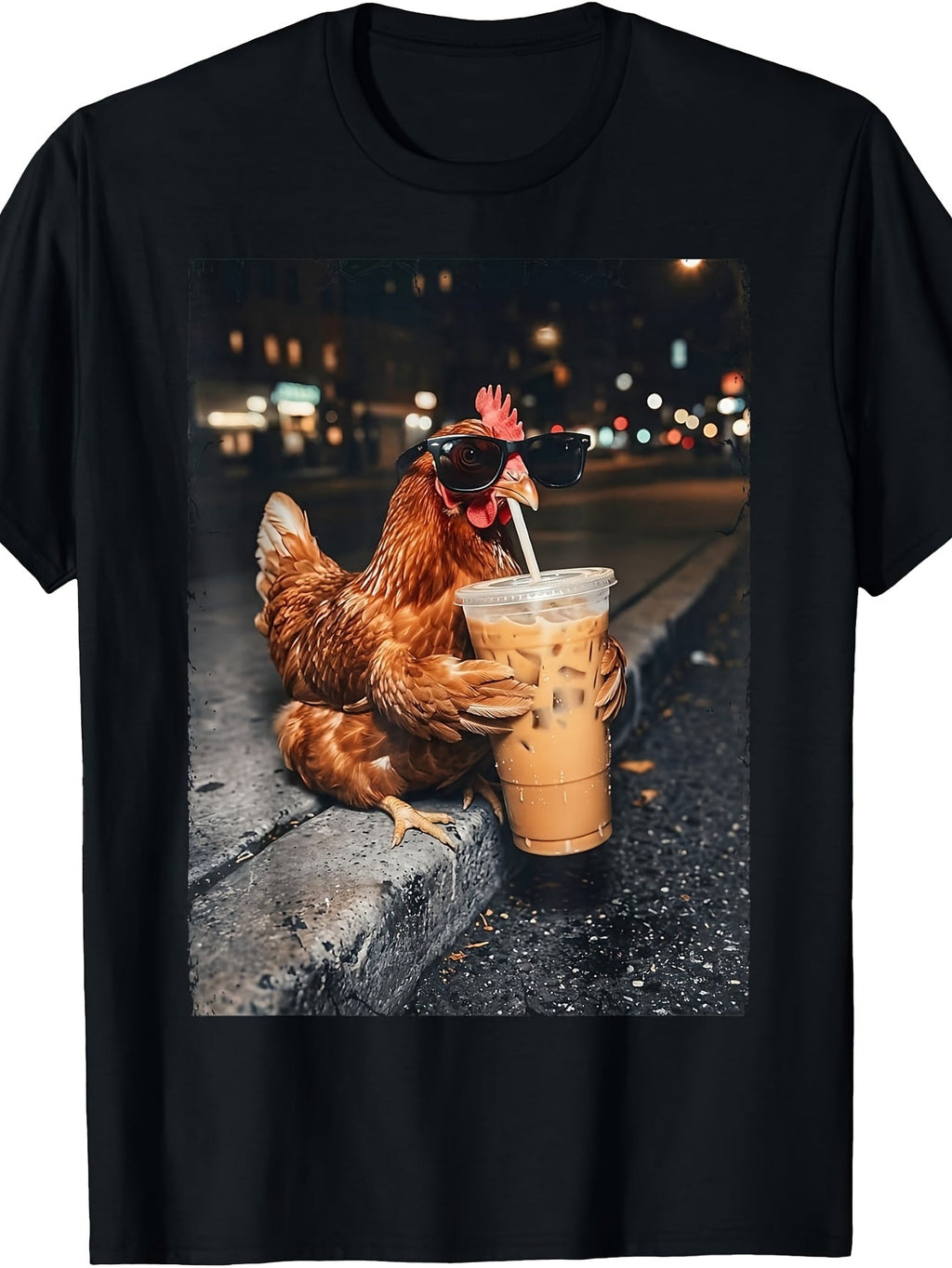 Cool Chicken Hen Drinking Iced Coffee City Night Graphic T-Shirt, Unisex Cotton Crew Neck Short Sleeve Tee, Funny Farm Animal Casual Novelty Shirt, Gift For Coffee And Chicken Lovers