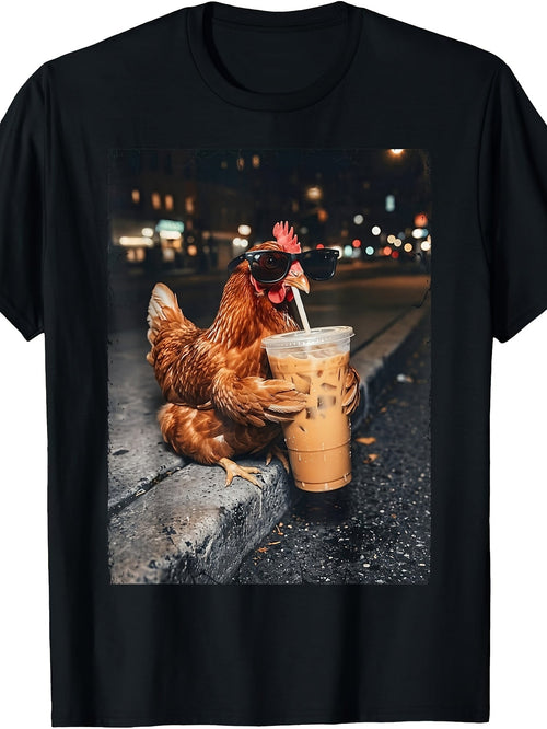Cool Chicken Hen Drinking Iced Coffee City Night Graphic T-Shirt, Unisex Cotton Crew Neck Short Sleeve Tee, Funny Farm Animal Casual Novelty Shirt, Gift For Coffee And Chicken Lovers