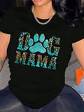 Women's Dog Mama Graphic T‑Shirt, Leopard Turquoise Dog Paw Print Short Sleeve Crew Neck Casual Tee