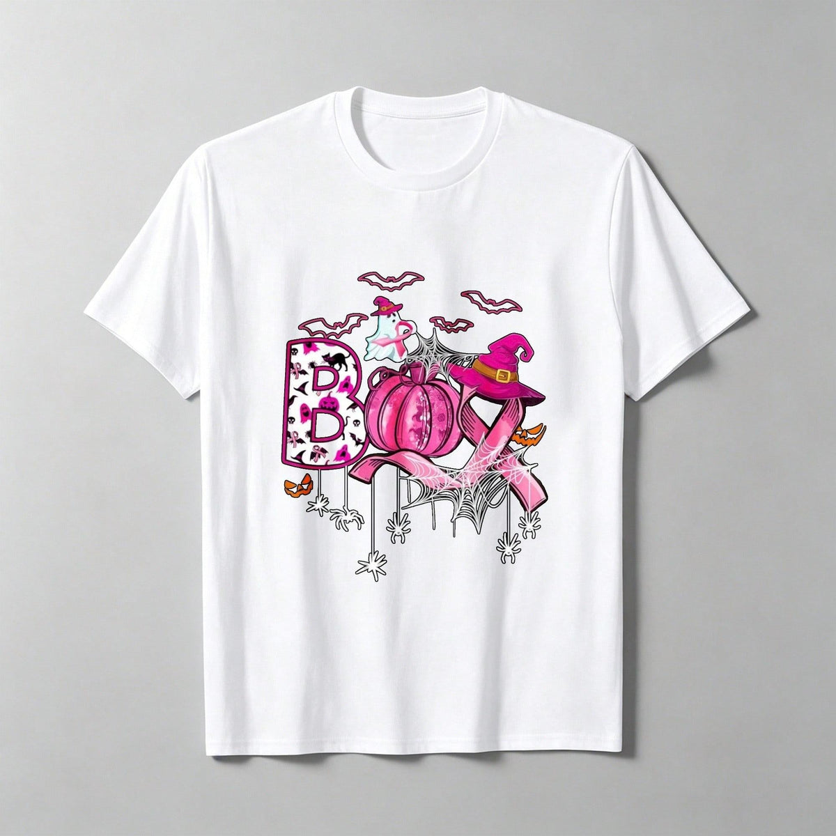 Boo Halloween Pumpkin Pink Ribbon Witch Breast Cancer T-Shirt, Loose Fit Printed T-Shirt, Festive Attire, Suitable For Family Fun.