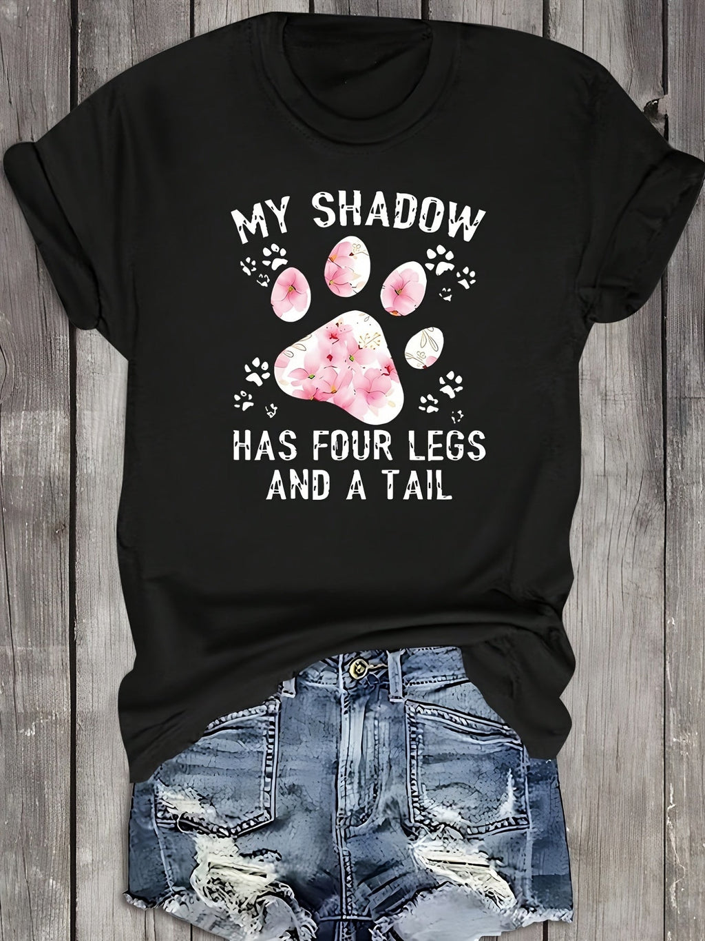 Funny My Shadow Has Four Legs and A Tail Pet Lover Graphic Tee, Women's Summer Casual Short Sleeve T-Shirt, Cute Dog Cat Paw Print Round Neck Top for Daily Wear