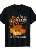 Fall For Jesus He Never Leaves Autumn Christian Faith Graphic Tee for Men Women, Pumpkin Cross Short Sleeve T-Shirt, Casual Crew Neck Top for Church Gift