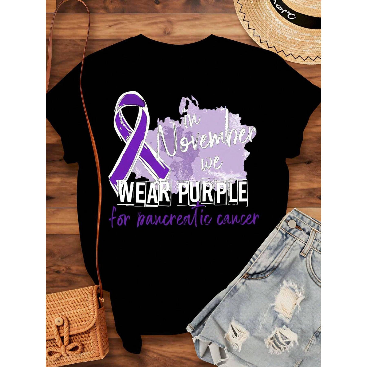 Women Casual Short Sleeve T Shirt In November We Wear Purple For Pancreatic Cancer Awareness Ribbon Graphic Digital Print Daily Wear