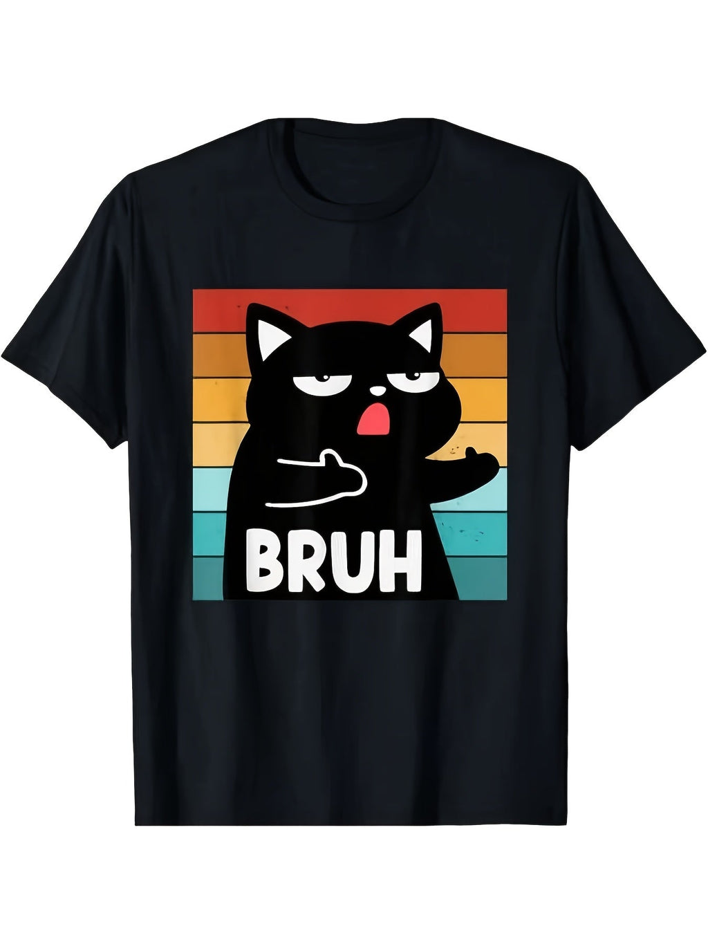 Funny Bruh Meme Black Cat Retro Sunset Graphic T-Shirt, Unisex Cotton Crew Neck Top, All Season Graphic Tee, Casual Apparel For Cat Lovers And Internet Meme Enthusiasts