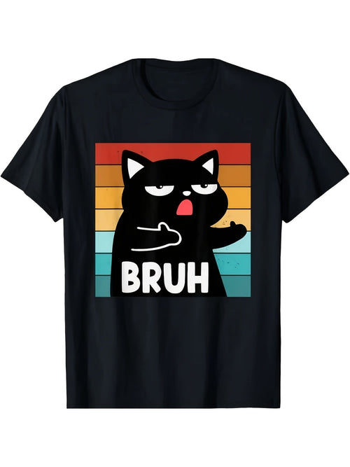Funny Bruh Meme Black Cat Retro Sunset Graphic T-Shirt, Unisex Cotton Crew Neck Top, All Season Graphic Tee, Casual Apparel For Cat Lovers And Internet Meme Enthusiasts