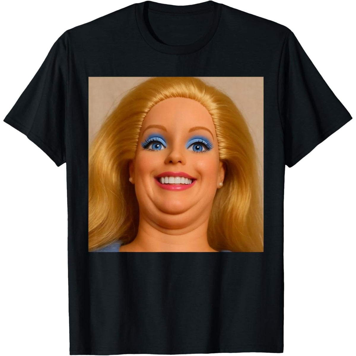 Funny Double Chin Doll Face Meme Expression Hilarious Gen Z Humor Graphic Tee for Men Women, Cute Creepy Doll Pattern Short Sleeve T-Shirt, Casual Crew Neck Top for Daily Wear