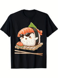 Cute Cool Sunglasses Salmon Nigiri Sushi Anime Graphic Short Sleeve T-Shirt, Unisex Crew Neck Cotton Tee, All Season Kawaii Japanese Food Top, Novelty Gift For Foodies And Sushi Enthusiasts