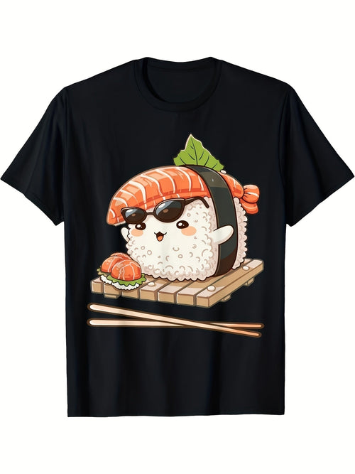 Cute Cool Sunglasses Salmon Nigiri Sushi Anime Graphic Short Sleeve T-Shirt, Unisex Crew Neck Cotton Tee, All Season Kawaii Japanese Food Top, Novelty Gift For Foodies And Sushi Enthusiasts