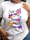 Faith Hope Love Believe Dream Graphic Tee for Women, Inspirational Butterfly Floral Print Short Sleeve T-Shirt, Casual Crew Neck Top for Daily Wear