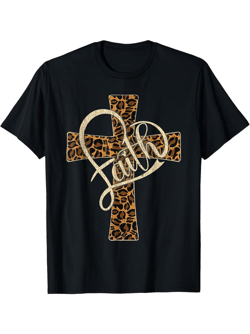 Western Leopard Faith Cross Unisex T-Shirt, All Season Religious Graphic Top, Casual Daily Apparel For Faith Followers And Leopard Pattern Fans
