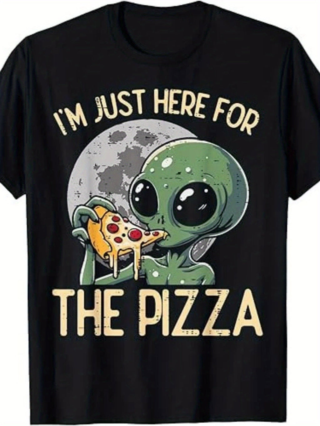 I Am Just Here For The Pizza Alien Graphic Tee for Men, Funny 80s Sci-Fi UFO Retro Short Sleeve T-Shirt, Green Alien Pizza Slice Print Casual Crew Neck Top for Daily Wear