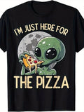 I Am Just Here For The Pizza Alien Graphic Tee for Men, Funny 80s Sci-Fi UFO Retro Short Sleeve T-Shirt, Green Alien Pizza Slice Print Casual Crew Neck Top for Daily Wear