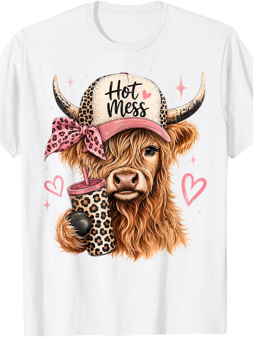 Hot Mess Highland Cow Graphic Short Sleeve T-Shirt, Unisex Cotton Crew Neck Tee, Cute Leopard Print Cow Coffee Lover Design, Casual Novelty Gift For Men And Women