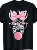 Retro Zebra Wearing Glasses Blowing Pink Bubble Gum Graphic Tee for Men Women, Cute Animal Short Sleeve T-Shirt, Casual Crew Neck Top for Party Daily Wear