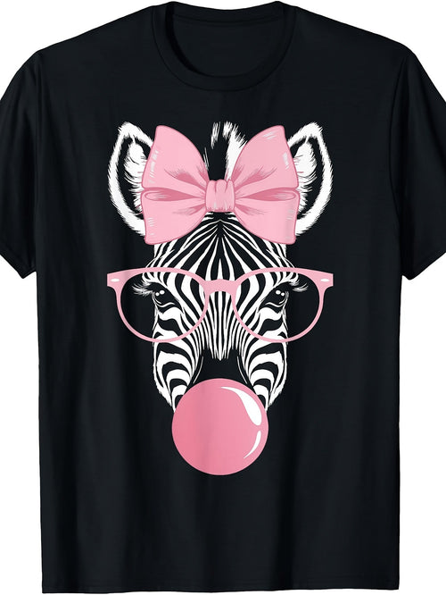 Retro Zebra Wearing Glasses Blowing Pink Bubble Gum Graphic Tee for Men Women, Cute Animal Short Sleeve T-Shirt, Casual Crew Neck Top for Party Daily Wear