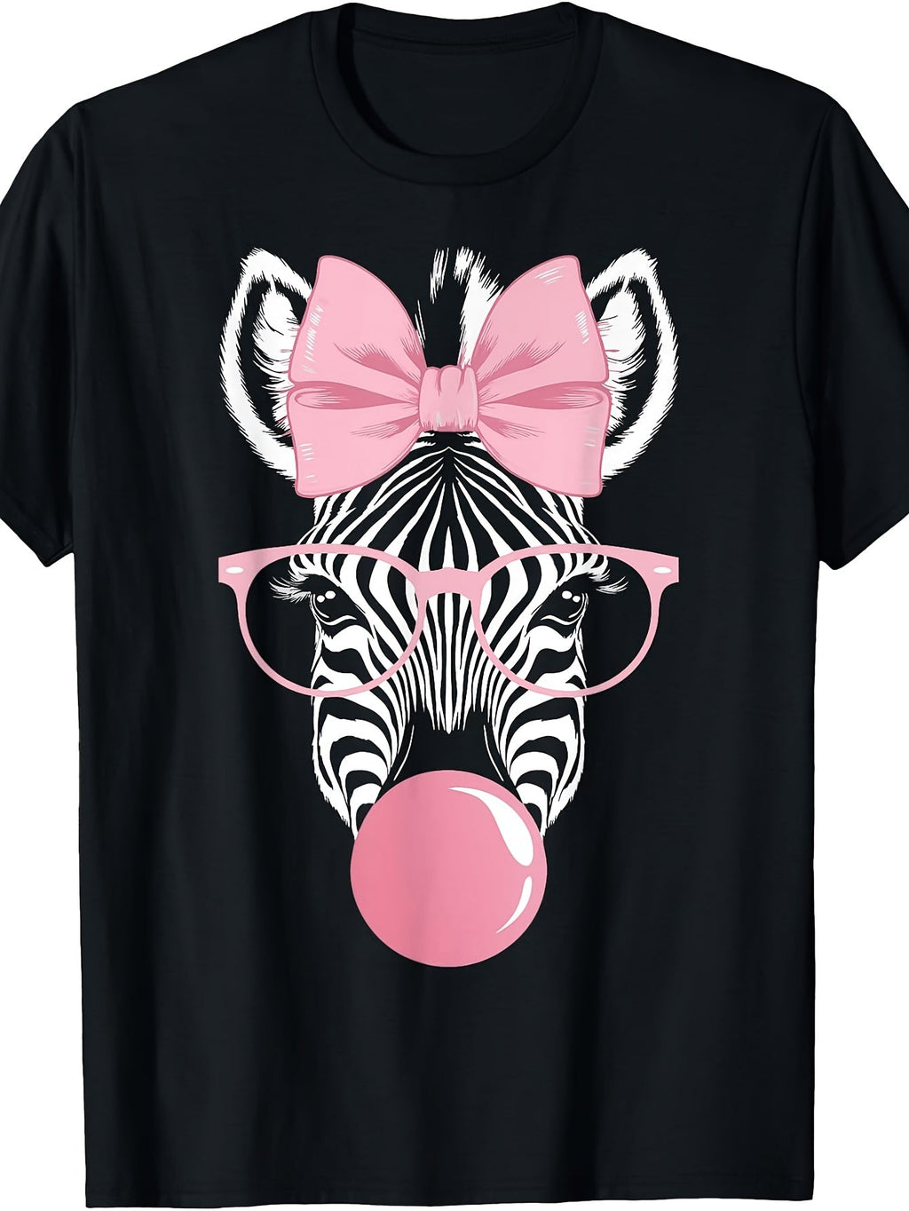 Retro Zebra Wearing Glasses Blowing Pink Bubble Gum Graphic Tee for Men Women, Cute Animal Short Sleeve T-Shirt, Casual Crew Neck Top for Party Daily Wear