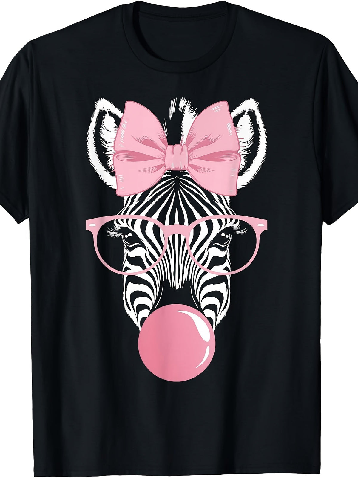 Retro Zebra Wearing Glasses Blowing Pink Bubble Gum Graphic Tee for Men Women, Cute Animal Short Sleeve T-Shirt, Casual Crew Neck Top for Party Daily Wear