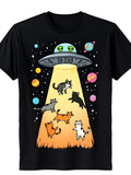 Humorous Space Cats UFO Alien Unisex T-Shirt, All Season Funny Sci-Fi Cartoon Graphic Top, Casual Trendy Daily Outfit for Kitty Lovers and Astronomy Fans