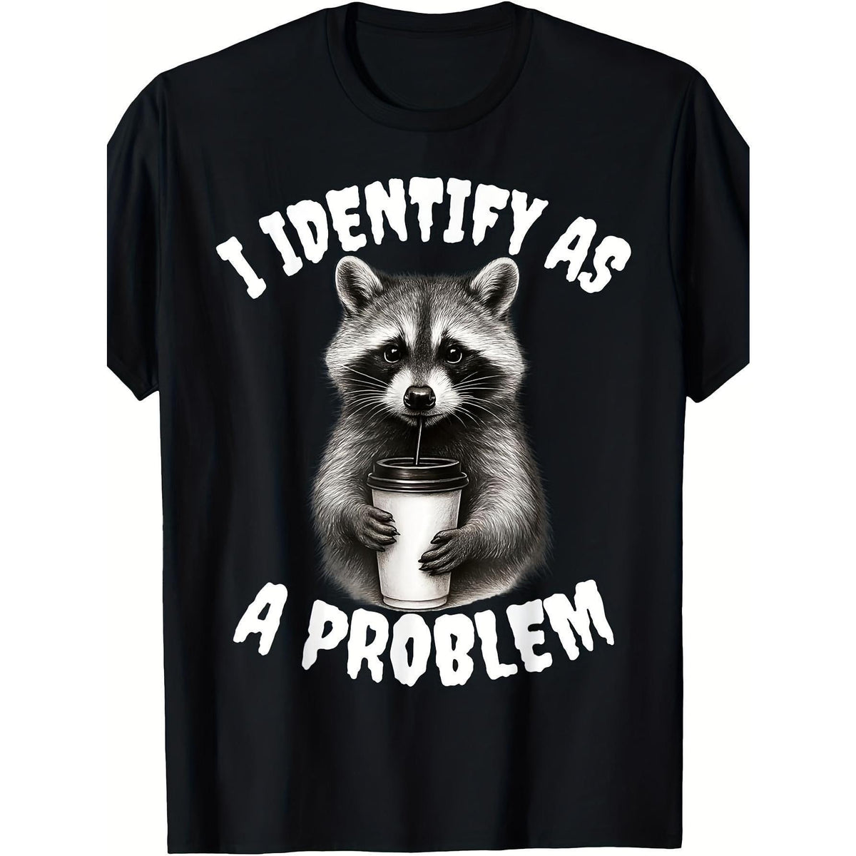 Funny Raccoon Meme T-Shirt - "I Identify As a Problem Raccoon" Slogan with Raccoon Mask Logo - Casual & Party Wear Novelty Tee for Animal Lovers, Round Neck Humor Apparel